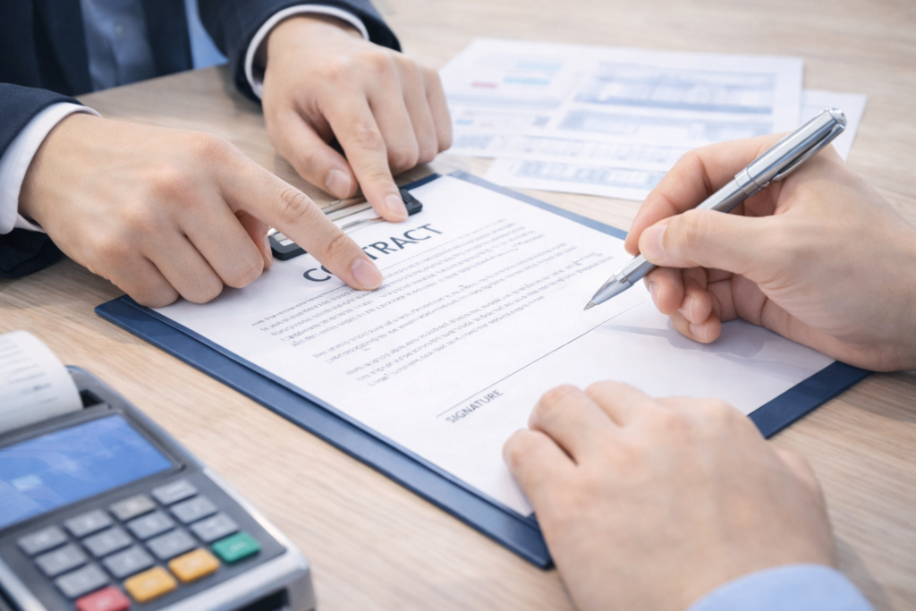 書類にお手続きをしている様子