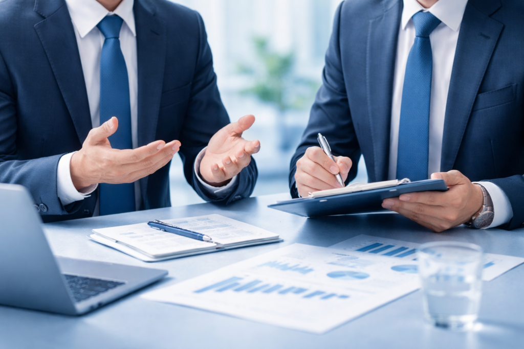 スーツを着た2人の男性が資料をもとに話し合っている様子の画像