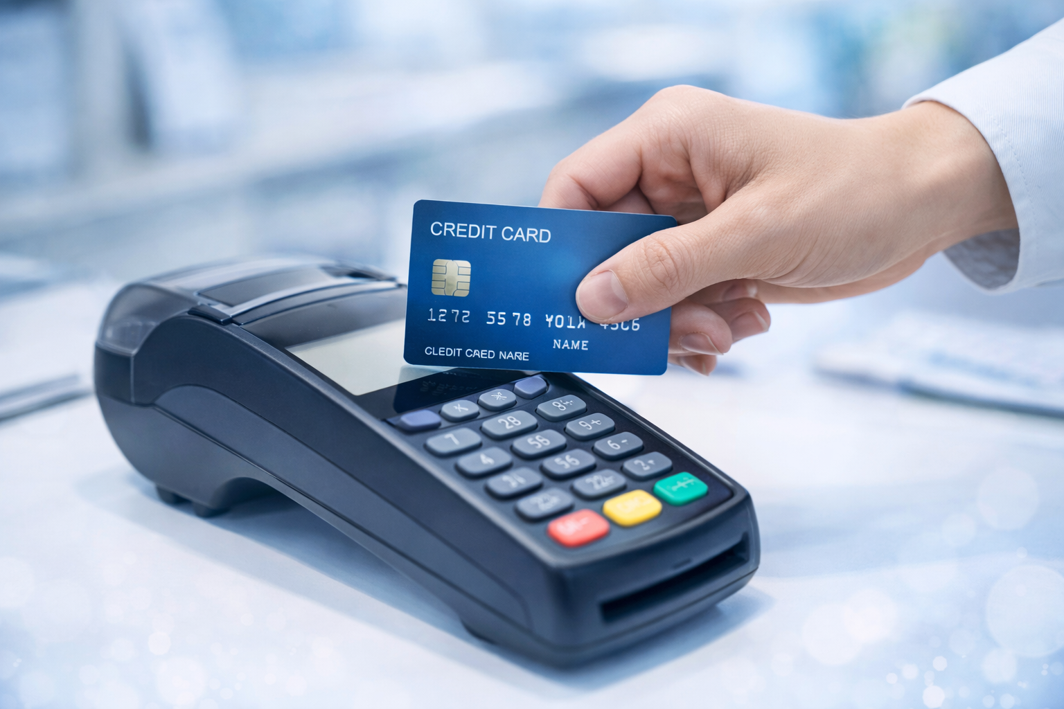 クレジットカード処理端末機で決済している様子