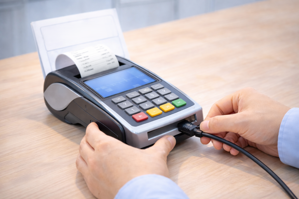クレジットカード端末機を設置している様子