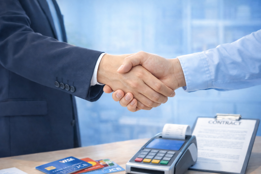 男性二人が握手している様子
