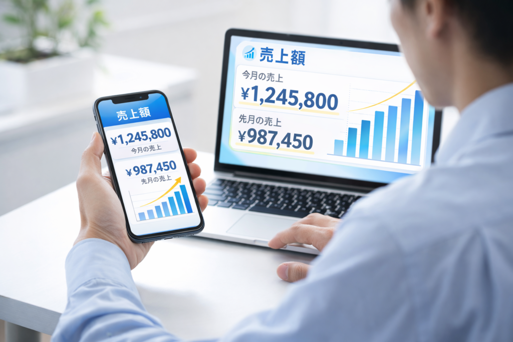 パソコン スマホで売り上げを確認している様子