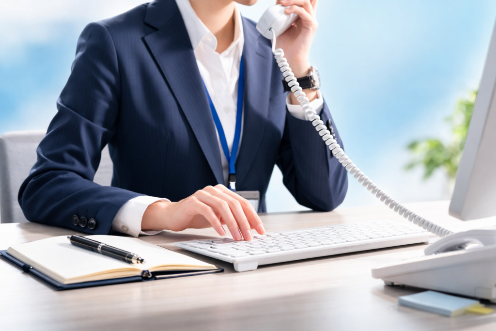 女性事務員が電話対応をしている様子