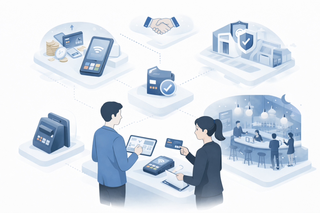 クレジットカード決済の導入をサポートしている様子のイラスト画像