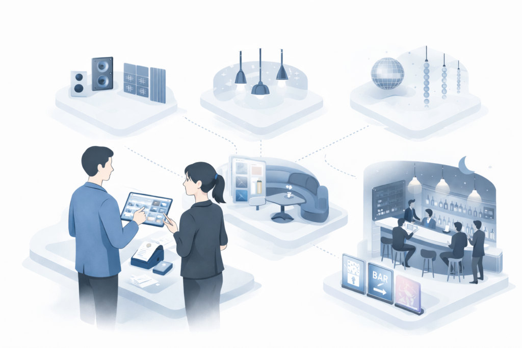 ナイト店の内装商材をイラストで案内している様子